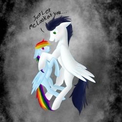 Size: 825x825 | Tagged: dead source, safe, artist:lazzari16, imported from derpibooru, rainbow dash, soarin', pegasus, pony, fanfic:piercing the heavens, fanfic art, female, looking at each other, male, missing cutie mark, shipping, size difference, soarindash, straight