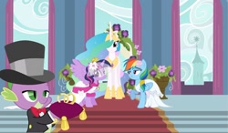 Size: 1284x749 | Tagged: safe, artist:90sigma, artist:rainbowmaned, imported from derpibooru, princess celestia, rainbow dash, spike, twilight sparkle, alicorn, clothes, dress, female, lesbian, marriage, shipping, twidash, twilight sparkle (alicorn), wedding, wedding dress