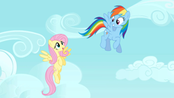 Size: 1316x740 | Tagged: safe, artist:rainbowmaned, imported from derpibooru, fluttershy, rainbow dash, cute, flying, sky