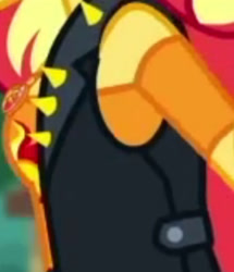 Size: 1920x2229 | Tagged: safe, imported from derpibooru, screencap, sunset shimmer, equestria girls, equestria girls series, so much more to me, boobshot, breasts, clothes, cropped, cutie mark, cutie mark on clothes, geode of empathy, jacket, leather, leather jacket, magical geodes