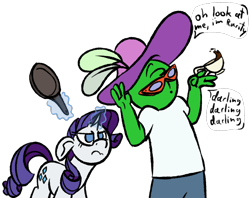 Size: 1334x1055 | Tagged: safe, artist:skookz, imported from derpibooru, rarity, oc, oc:anon, human, pony, unicorn, angry, clothes, cup, darling, dialogue, female, food, frown, frying pan, glasses, hat, impending doom, magic, magic aura, male, mare, mocking, simple background, speech bubble, tea, teacup, this will end in pain, transparent background, unhappy