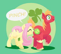 Size: 1920x1680 | Tagged: safe, anonymous artist, imported from derpibooru, big macintosh, fluttershy, earth pony, pegasus, pony, series:fm holidays, biting, blushing, bracelet, butt, butt bite, butt touch, eyes closed, female, fluttermac, holiday, jewelry, lineless, male, mare, no pupils, pinch, plot, raised hoof, saint patrick's day, shamrock, shipping, smiling, speech bubble, stallion, straight