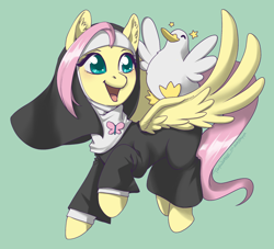 Size: 2048x1860 | Tagged: safe, artist:taytinabelle, imported from derpibooru, fluttershy, bird, duck, pegasus, pony, cute, cutie mark accessory, ear fluff, female, flutternun, green background, habit, happy, head turned, little nuns, looking at someone, mare, nun, open mouth, shyabetes, simple background, sitting on wing, smiling, solo, spread wings, turned head, wings