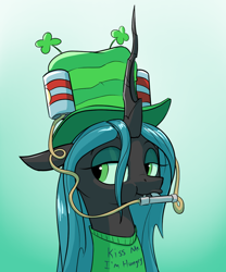Size: 1000x1200 | Tagged: safe, artist:rocket-lawnchair, imported from derpibooru, queen chrysalis, changeling, changeling queen, clothes, clover, drinking hat, female, four leaf clover, hat, holiday, saint patrick's day, shirt