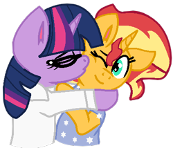 Size: 438x375 | Tagged: safe, artist:jadeharmony, artist:jadethepegasus, imported from derpibooru, sci-twi, sunset shimmer, twilight sparkle, unicorn, fanfic:sunset shimmer discovers her feet, equestria girls, base used, cheek kiss, crossover, duo, equestria girls ponified, fanfic, female, kiss on the cheek, kissing, lesbian, scitwishimmer, shipping, sunlight, sunsetsparkle, the little mermaid, unicorn sci-twi