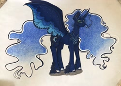 Size: 3387x2393 | Tagged: safe, artist:carolikna, imported from derpibooru, princess luna, alicorn, pony, cloven hooves, colored wings, colored wingtips, ethereal mane, ethereal tail, female, mare, redesign, smiling, solo, traditional art, unshorn fetlocks, wings