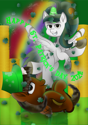 Size: 2513x3572 | Tagged: safe, artist:lincolnbrewsterfan, derpibooru exclusive, imported from derpibooru, oc, oc:nocturnal vision, oc:riverdance, alicorn, pony, my little pony: the movie, .svg available, 2021, alicorn oc, aura, bedroom eyes, belly button, brand, branding, clover, coin, colored wings, dark, dock, duo, equestria font, female, folded wings, font, glow, glowing, gold, gold coins, gradient background, gradient wings, green, hair, happy, hat, highlights, holding stomach, holiday, horn, lidded eyes, lifting, light, looking at you, lying down, magic, male, mane, mare, movie accurate, nc-tv, nc-tv:creator ponified, on back, patron pony, ponified, prone, rainbow, raised hoof, raised tail, realistic mane, reflection, refraction, ruffled wing, saint patrick's day, shading, shadow, shamrock, simple background, smiling, smiling at you, sparkles, spread wings, stallion, standing, standing on one leg, stripes, svg, tail, tail between legs, telekinesis, text, top hat, vector, wall of tags, wallpaper, wings