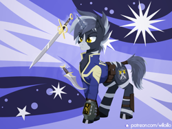 Size: 1600x1200 | Tagged: safe, artist:willoillo, imported from derpibooru, oc, oc only, oc:shadow strike, hybrid, pony, unicorn, zony, fallout equestria, dagger, fallout equestria: guardians of the wastes, horn, solo, sword, unicorn oc, weapon, zony oc