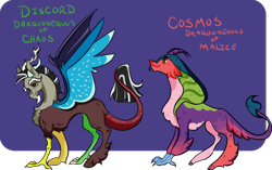 Size: 2738x1715 | Tagged: safe, artist:superkitsch, imported from derpibooru, cosmos (character), discord, draconequus, alternate design, cosmos, purple background, simple background, story included