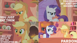 Size: 1280x720 | Tagged: safe, edit, edited screencap, editor:quoterific, imported from derpibooru, screencap, applejack, rarity, earth pony, pony, unicorn, look before you sleep, duo, duo female, eyes closed, female, golden oaks library, mare, misspelling, pardon