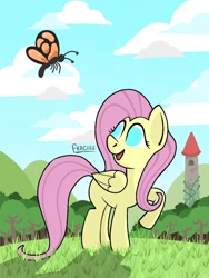 Size: 768x1024 | Tagged: safe, artist:fraciss, imported from derpibooru, fluttershy, butterfly, insect, pegasus, pony, egasus, female, forest, mare, missing cutie mark, no pupils, solo, tower
