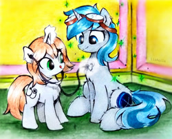 Size: 996x803 | Tagged: safe, artist:liaaqila, imported from derpibooru, oc, oc only, oc:healing touch, oc:rym, pony, unicorn, checkup, commission, cute, female, filly, healing, magic, stethoscope, traditional art