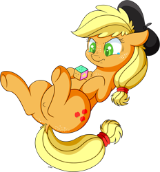Size: 1845x1991 | Tagged: safe, artist:wownamesarehard, derpibooru exclusive, imported from derpibooru, applejack, earth pony, pony, how applejack got her hat back, my little pony: pony life, spoiler:pony life s01e04, beret, butt, chest fluff, cute, dock, female, g4.5, hat, mare, plot, pony life, pubic fluff, simple background, solo, squishy cube, teary eyes, transparent background