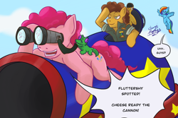 Size: 1772x1181 | Tagged: safe, artist:shacy's pagelings, imported from derpibooru, boneless, cheese sandwich, gummy, pinkie pie, rainbow dash, earth pony, pegasus, pony, binoculars, cheese supreme cannonball surprise, cheesepie, female, helmet, male, party tank, shipping, straight, this will end in death, this will end in tears, this will end in tears and/or death