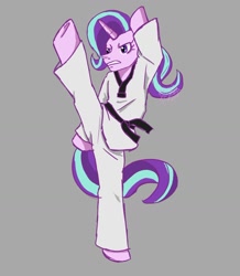 Size: 1000x1145 | Tagged: safe, artist:shacy's pagelings, imported from derpibooru, starlight glimmer, pony, unicorn, action pose, black belt, clothes, dobok, gi, high kick, karate, kick, martial arts, pants, request for lawrence, robe, solo, taekwondo, trousers