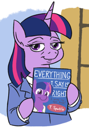 Size: 452x647 | Tagged: safe, artist:jargon scott, imported from derpibooru, twilight sparkle, alicorn, pony, book, clothes, female, looking at you, mare, sliders, solo, suit, twilight sparkle (alicorn)