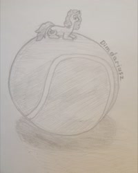 Size: 2592x3246 | Tagged: safe, artist:dimdariusz, imported from derpibooru, izzy moonbow, pony, unicorn, ball, female, funny, g5, izzy's tennis ball, lying, mare, pencil drawing, role reversal, tennis ball, traditional art