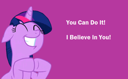 Size: 744x460 | Tagged: safe, artist:twilyisbestpone, derpibooru exclusive, edit, edited screencap, imported from derpibooru, screencap, twilight sparkle, pony, unicorn, adorkable, caption, clapping, cute, dork, eyes closed, female, floppy ears, mare, motivational, positive ponies, purple background, simple background, smiling, solo, talking to viewer, text, twiabetes, unicorn twilight