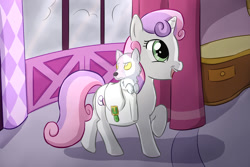 Size: 1500x1000 | Tagged: safe, artist:foxhatart, imported from derpibooru, sweetie belle, oc, oc:blanky, pony, wolf, bag, cub, pup, saddle bag