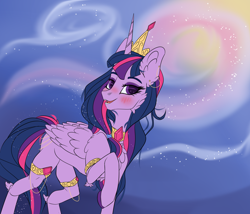 Size: 4000x3423 | Tagged: safe, artist:sugarypolecat, imported from derpibooru, twilight sparkle, alicorn, pony, blushing, colored, crown, female, flat colors, hoof polish, horn, jewelry, mare, painted hooves, purple eyes, purple mane, regalia, smiling, solo, twilight sparkle (alicorn), wings