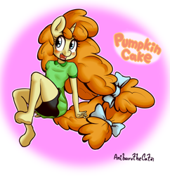 Size: 1725x1784 | Tagged: safe, artist:anibaruthecat, imported from derpibooru, pumpkin cake, anthro, unguligrade anthro, unicorn, comic:incest-d-licious, clothes, cute, cute little fangs, fangs, female, hoof feet, name, older, older pumpkin cake, pink background, shirt, shorts, simple background, smiling, solo, teenager