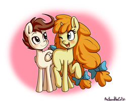 Size: 1854x1490 | Tagged: safe, artist:anibaruthecat, imported from derpibooru, pound cake, pumpkin cake, pegasus, pony, unicorn, comic:incest-d-licious, brother and sister, butt bump, cakecest, caketwincest, duo, female, incest, looking at each other, male, older, older pound cake, older pumpkin cake, one eye closed, raised hoof, shipping, siblings, smiling, straight, teenager, twincest