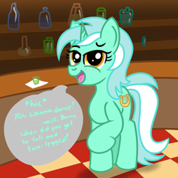 Size: 1200x1200 | Tagged: safe, artist:dafiltafish, imported from derpibooru, lyra heartstrings, pony, unicorn, alcohol, bar, drunk lyra, implied bon bon, implied human, solo, speech bubble