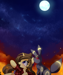 Size: 1598x1900 | Tagged: safe, artist:loyaldis, imported from derpibooru, oc, oc:astral flare, firefly (insect), insect, pony, umbreon, unicorn, beanie, constellation, cute, flannel, hat, moon, night, pokémon, stars