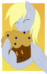 Size: 817x1274 | Tagged: safe, artist:beadedwolf22, imported from derpibooru, derpy hooves, pony, unicorn, border, eyes closed, female, food, hug, mare, muffin, plushie, simple background, solo, that pony sure does love muffins, yellow background