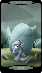 Size: 1500x2591 | Tagged: safe, artist:sixes&sevens, imported from derpibooru, part of a set, limestone pie, earth pony, pony, cloud, dead tree, female, four of coins, holder's boulder, minor arcana, mountain, mountain range, overcast, rock farm, sitting, solo, tarot card, tree