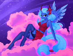 Size: 4000x3054 | Tagged: source needed, safe, artist:xjenn9, idw, imported from derpibooru, princess luna, anthro, unguligrade anthro, reflections, spoiler:comic, breasts, busty princess luna, cleavage, clothes, cloud, commission, evil counterpart, evil luna, female, mirror universe, on a cloud, sitting, sitting on a cloud, skirt, socks, solo, thigh highs, two toned wings, wings