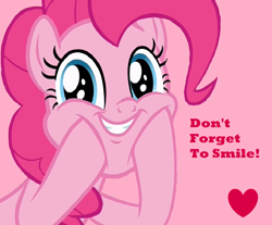 Size: 1360x1128 | Tagged: safe, artist:twilyisbestpone, derpibooru exclusive, edit, edited screencap, imported from derpibooru, screencap, pinkie pie, earth pony, pony, cute, diapinkes, female, happy, heart, hooves on cheeks, looking at you, mare, pink background, positive ponies, simple background, smiling, solo, talking to viewer