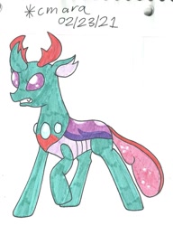 Size: 964x1258 | Tagged: safe, artist:cmara, imported from derpibooru, pharynx, changedling, changeling, gritted teeth, male, prince pharynx, raised hoof, simple background, solo, traditional art, white background