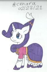 Size: 749x1148 | Tagged: safe, artist:cmara, imported from derpibooru, rarity, pony, unicorn, clothes, dress, female, hat, hoof shoes, mare, simple background, skirt, solo, traditional art, white background