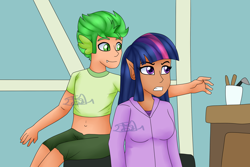 Size: 2500x1666 | Tagged: safe, artist:spokenmind93, imported from derpibooru, spike, twilight sparkle, human, secret of my excess, dark skin, doctor's office, elf ears, grabbing, greedy, humanized, older, older spike, scene interpretation, simple background, tight clothing