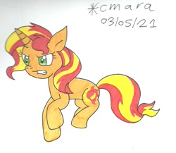 Size: 1181x1025 | Tagged: safe, artist:cmara, imported from derpibooru, sunset shimmer, pony, unicorn, angry, gritted teeth, raised hoof, raised leg, simple background, solo, traditional art, trotting, white background