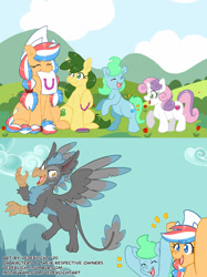 Size: 1024x1366 | Tagged: safe, artist:genolover, imported from derpibooru, sweetie belle, oc, oc:ember, oc:ember (hwcon), oc:glace (hwcon), black gryph0n, hearth's warming con, mascot