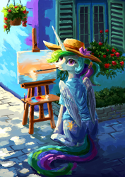 Size: 764x1080 | Tagged: safe, artist:plainoasis, imported from derpibooru, princess celestia, alicorn, pony, alternate hairstyle, brush, clothes, cute, cutelestia, easel, female, flower, folded wings, hairclip, hat, horn, house, looking at you, looking back, looking back at you, mare, mouth hold, multicolored hair, paint, paintbrush, painting, pink eyes, plant, ponytail, potted plant, rose, shirt, sitting, smiling, smiling at you, solo, street, sunset, window, wings