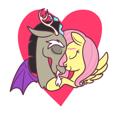 Size: 1200x1200 | Tagged: safe, artist:erenerakhard, artist:erynerikard, imported from derpibooru, discord, fluttershy, draconequus, pegasus, pony, digital art, discoshy, female, heart, hug, male, nuzzling, shipping, simple background, straight, transparent background