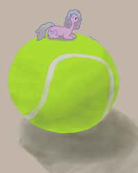 Size: 2592x3246 | Tagged: safe, artist:dimdariusz, imported from derpibooru, izzy moonbow, pony, unicorn, ball, digital art, female, funny, g5, izzy's tennis ball, lying, mare, role reversal, tennis ball