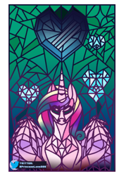 Size: 2039x2894 | Tagged: safe, artist:princessluna325, imported from derpibooru, princess cadance, queen chrysalis, alicorn, pony, crystal heart, disguise, disguised changeling, fake cadance, heart, solo, stained glass, stars