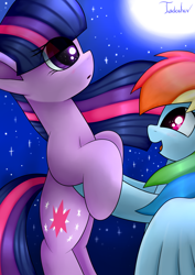 Size: 2480x3507 | Tagged: safe, artist:twidasher, imported from derpibooru, rainbow dash, twilight sparkle, pegasus, pony, unicorn, blushing, cute, duo, female, flying, lesbian, moon, shipping, signature, sky, stars, twidash, twilight (astronomy), twilight at twilight, unicorn twilight, windswept mane