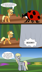 Size: 1422x2400 | Tagged: safe, artist:platinumdrop, imported from derpibooru, applejack, derpy hooves, insect, ladybug, pony, appletini, comic, crushing, giant derpy hooves, giant pony, macro, micro, request, speech bubble