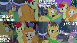 Size: 1280x720 | Tagged: safe, edit, edited screencap, editor:quoterific, imported from derpibooru, screencap, bright mac, grand pear, mayor mare, pear butter, earth pony, pony, the perfect pear, angry, bright mac's hat, candle, cowboy hat, crying, duo, female, hat, male, night, non-dyed mayor, open mouth, pear tree, teeth, tree, trio