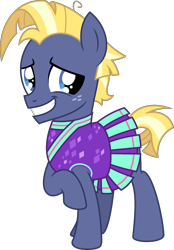 Size: 1773x2548 | Tagged: safe, artist:peternators, imported from derpibooru, star tracker, earth pony, pony, cheerleader, cheerleader outfit, clothes, colt, cosplay, costume, crossdressing, crossplay, dress, grin, male, nervous, nervous grin, simple background, skirt, smiling, solo, starcrossed, teenager, transparent background, two toned mane