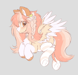 Size: 1500x1438 | Tagged: safe, artist:roisutangu, imported from derpibooru, oc, oc only, oc:marrubi, pegasus, blushing, bow, braid, butt freckles, chest fluff, choker, clothes, ear fluff, female, flower, fluffy, flying, food, freckles, frog (hoof), hooves up, looking back, mare, markings, simple background, socks, strawberry, striped socks, underhoof, wings