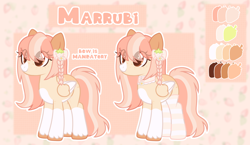 Size: 2280x1322 | Tagged: safe, artist:roisutangu, imported from derpibooru, oc, oc only, oc:marrubi, pegasus, pony, bow, braid, choker, clothes, color palette, eye clipping through hair, female, flower, folded wings, food, freckles, mare, markings, reference sheet, show accurate, smiling, socks, strawberry, striped socks, vector, wings