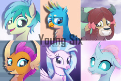 Size: 1920x1280 | Tagged: safe, artist:nnaly, imported from derpibooru, gallus, ocellus, sandbar, silverstream, smolder, yona, changedling, changeling, classical hippogriff, dragon, earth pony, griffon, hippogriff, pony, yak, dragoness, female, male, student six, young 6