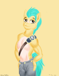 Size: 1100x1400 | Tagged: safe, artist:rockhoppr3, imported from derpibooru, hitch trailblazer, anthro, earth pony, chest fluff, clothes, g5, jeans, pants, partial nudity, solo, topless