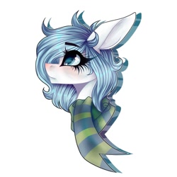 Size: 1080x1080 | Tagged: safe, artist:moshi.poni, imported from derpibooru, oc, oc only, earth pony, pony, blushing, bust, clothes, earth pony oc, eyelashes, female, looking up, mare, scarf, simple background, solo, white background